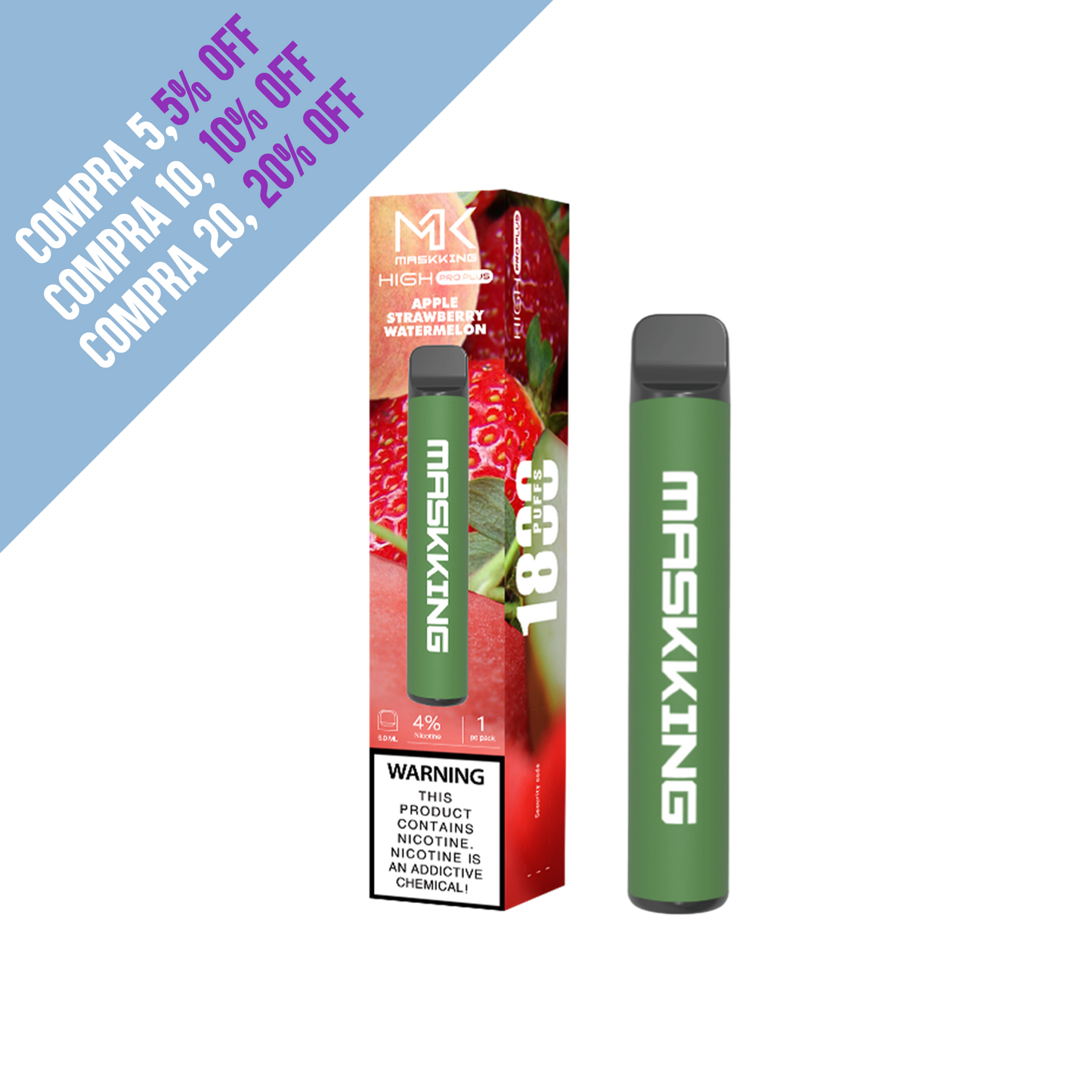 MK Maskking High Pro Plus Apple Strawberry Watermelon vape desechable 1800 puffs 4% nicotina dispositivo compacto Maskking sabor manzana fresa sandía comprar vape Maskking en CDMX envío express vapes a domicilio CDMX y Área Metropolitana