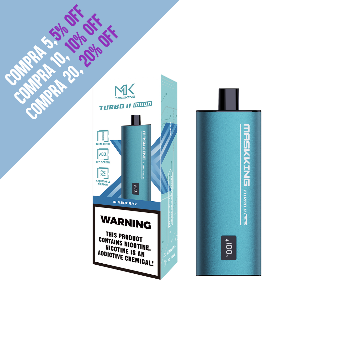 Compra el vape Maskking Turbo II original con los mejores sabores. Dispositivo desechable con gran duración y envío en México.